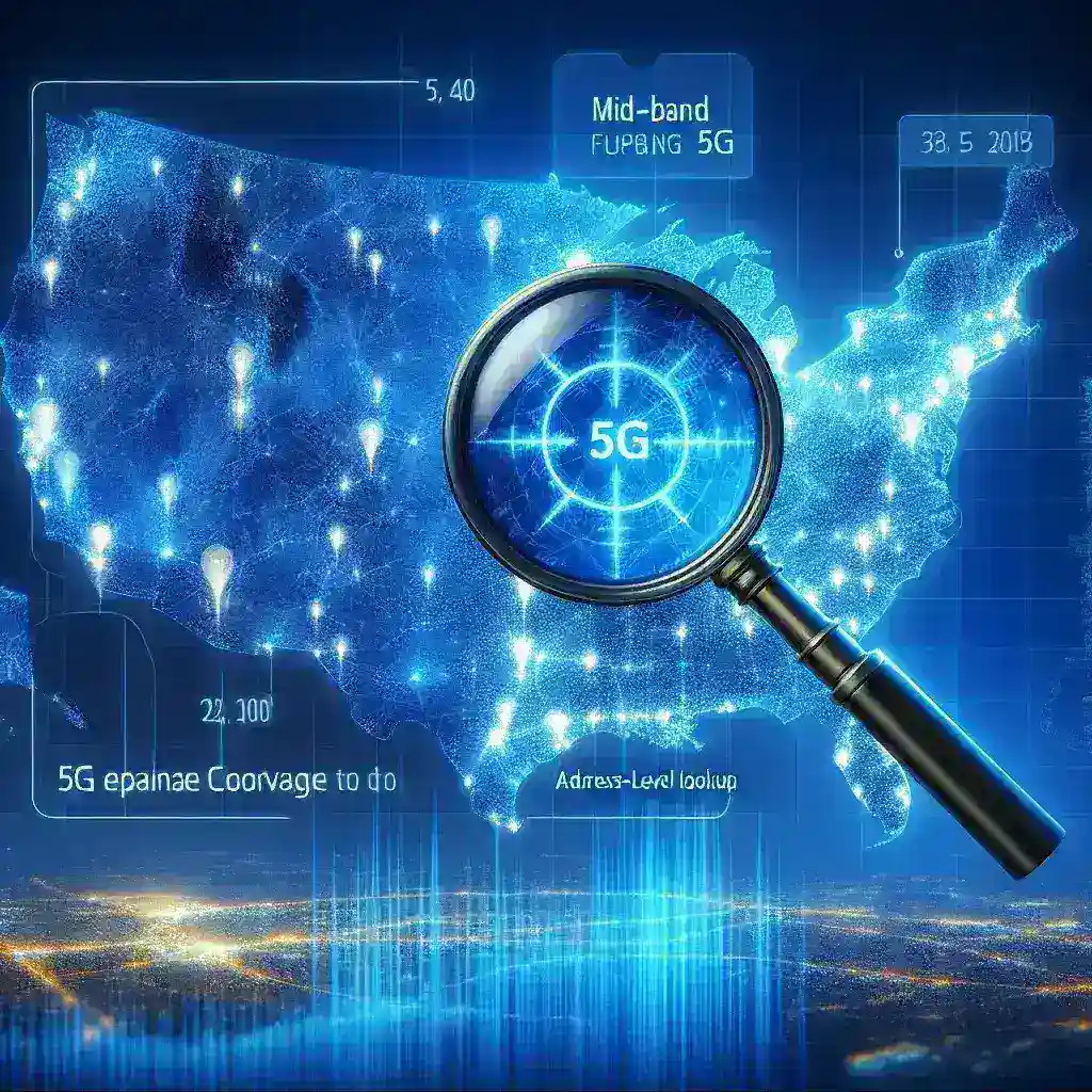 "Mid-band 5G expansion maps illustrating address-level lookup capabilities from major wireless carriers, highlighting geographic coverage areas and enhancing mobile connectivity."